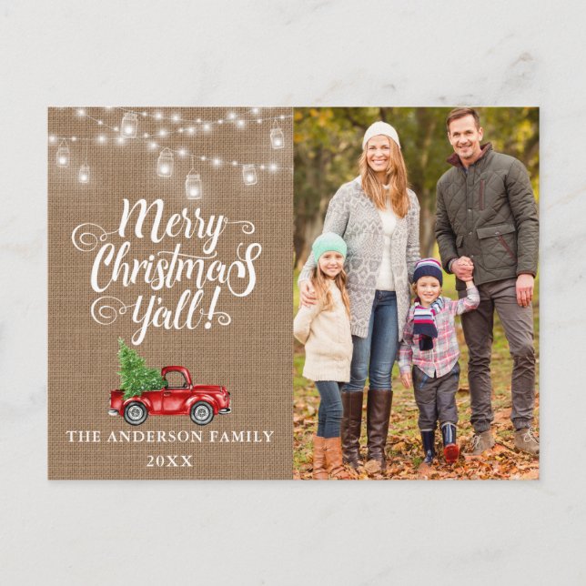 Merry Christmas Y'all  Photo Lights Burlap Truck Postcard (Front)