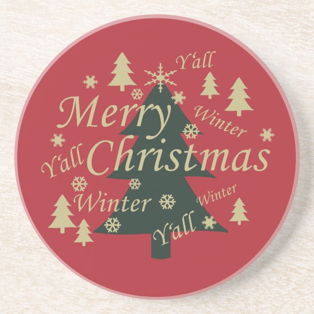 Merry Christmas yall pine tree decorated Coaster (Front)
