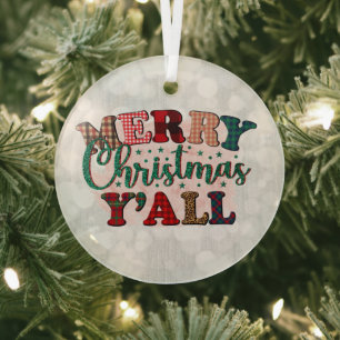 Merry Christmas Y'All Plaid Text Glass Tree Decoration