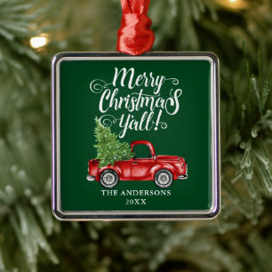 Merry Christmas Y'all Red Truck Green Square Metal Ornament