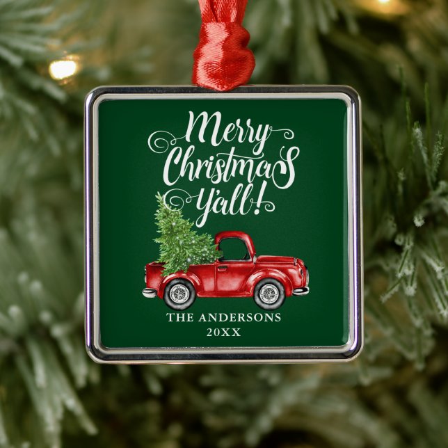 Merry Christmas Y'all Red Truck Green Square Metal Ornament (Tree)