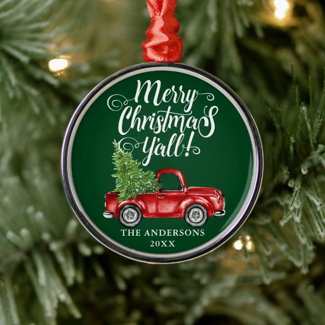 Merry Christmas Y'all Red Truck Round Green Metal Ornament (Tree)