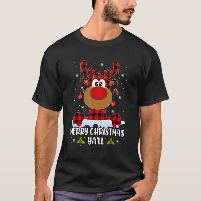 Merry Christmas Ya'll Reindeer Santa Hat Buffalo R T-Shirt (Front)