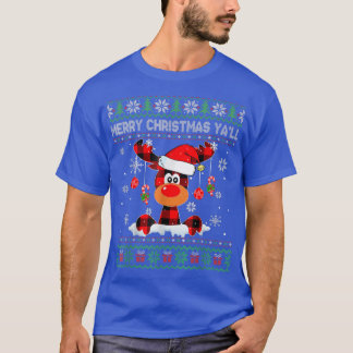 Merry Christmas Yall Reindeer Santa Ugly Christmas T-Shirt