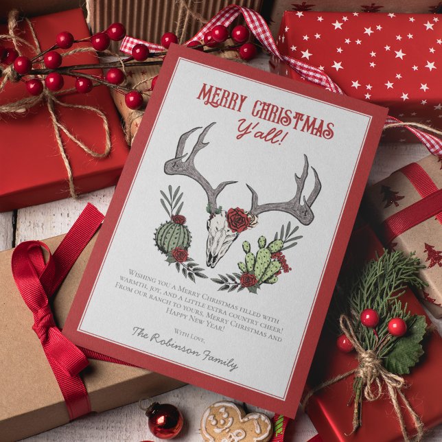 Merry Christmas Y'All Reindeer Skull and Cactus Holiday Card (Country Western Merry Christmas Y'All Xmas Card. Hand-Drawn Reindeer, Antlers, Cactus, Red Roses.)