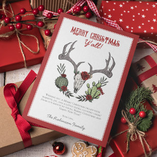 Merry Christmas Y'All Reindeer Skull and Cactus Holiday Card