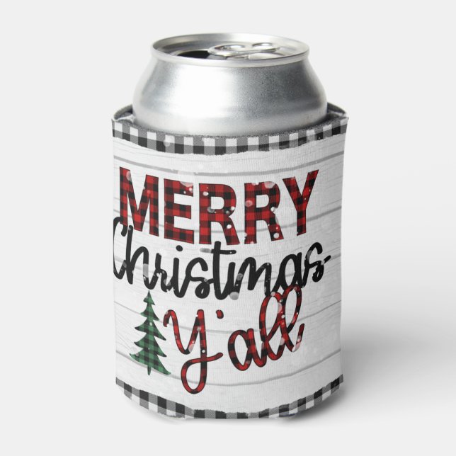 Merry Christmas Y'all Rustic Plaid Trees Holidays Can Cooler (Can Front)