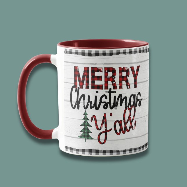 Merry Christmas Y'all Rustic Plaid Trees Holidays Mug (Creator Uploaded)