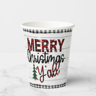 Merry Christmas Y'all Rustic Plaid Trees Holidays Paper Cups