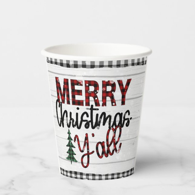 Merry Christmas Y'all Rustic Plaid Trees Holidays Paper Cups (Front)