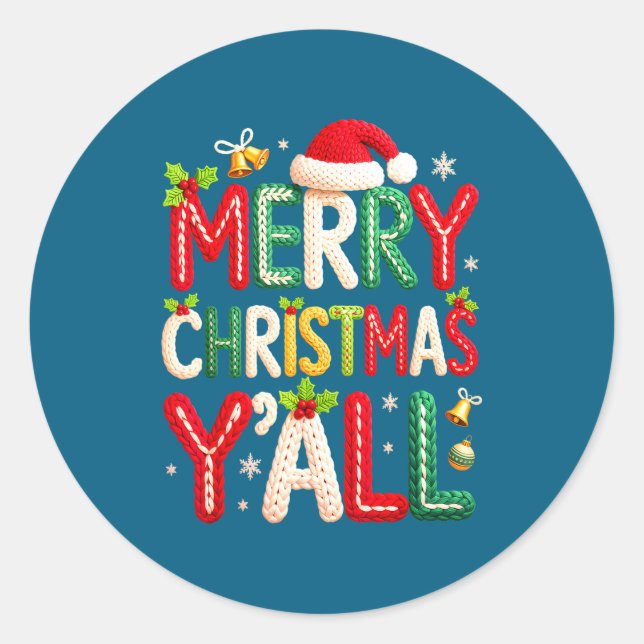 Merry Christmas Y'all Santa Crochet Knitting Quilt Classic Round Sticker (Front)