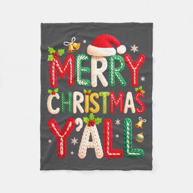 Merry Christmas Y'all Santa Crochet Knitting Quilt Fleece Blanket (Front)