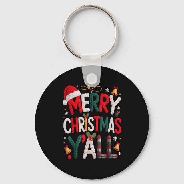 Merry Christmas Y'all Santa Hat Crochet Knitting Q Key Ring (Front)