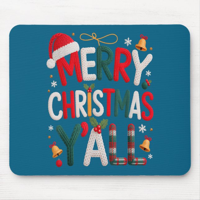 Merry Christmas Y'all Santa Hat Crochet Knitting Q Mouse Pad (Front)