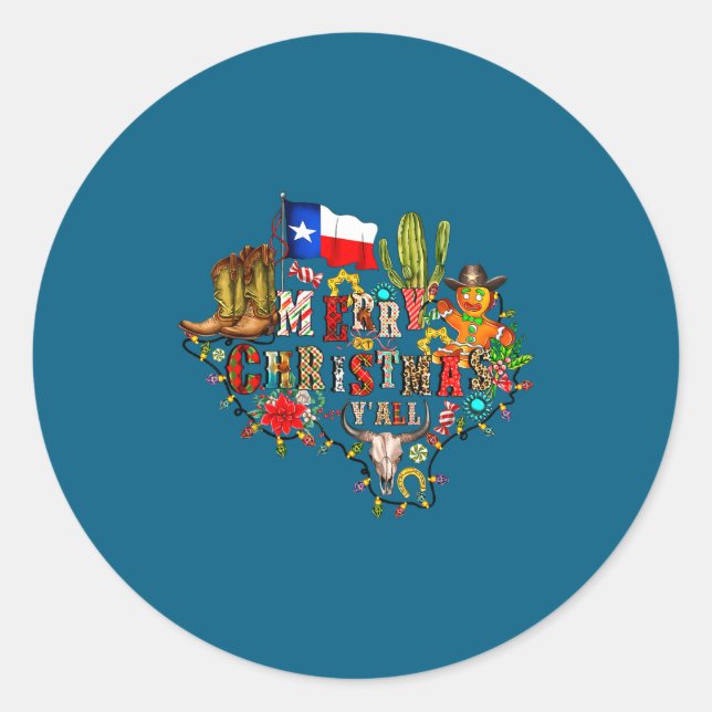 Merry Christmas Y'all Texas Map Santa Hat Mens Wom Classic Round Sticker (Front)