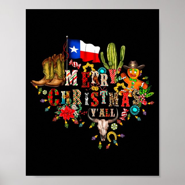 Merry Christmas Y'all Texas Map Santa Hat Mens Wom Poster (Front)