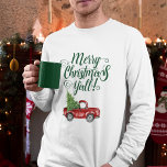 Merry Christmas Y'all Vintage Truck White Green T-Shirt<br><div class="desc">Merry Christmas Y'all - Watercolor Vintage Red Truck with Christmas Tree Men's Long Sleeve T-Shirt - Green Text</div>