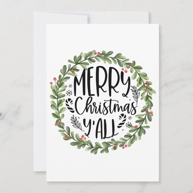 Merry Christmas Y'all Watercolor Wreath Holiday Card (Front)