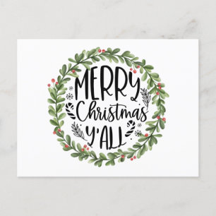 Merry Christmas Y'all Watercolor Wreath Holiday Postcard