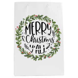 Merry Christmas Y'all Watercolor Wreath Medium Gift Bag