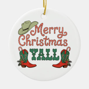 Merry Christmas Yall Western Country Cowboy Xmas Ceramic Ornament