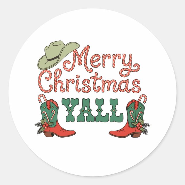Merry Christmas Yall Western Country Cowboy Xmas Classic Round Sticker (Front)