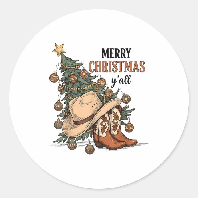 Merry Christmas Y'all Western Cowboy Boots Hat Xma Classic Round Sticker (Front)