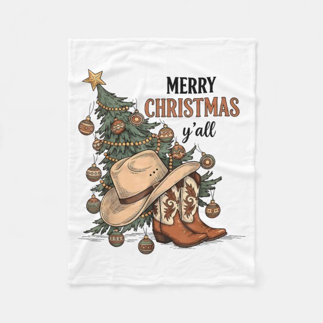 Merry Christmas Y'all Western Cowboy Boots Hat Xma Fleece Blanket (Front)