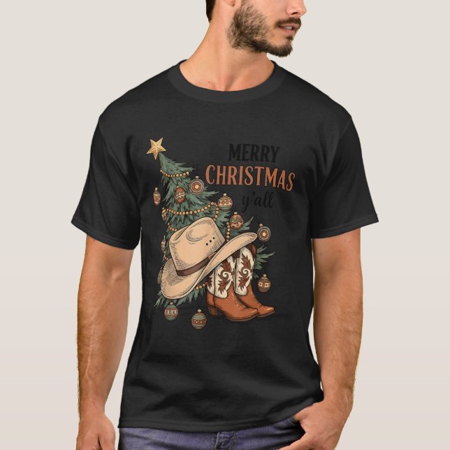 Merry Christmas Y'all Western Cowboy Boots Hat Xma T-Shirt (Front)
