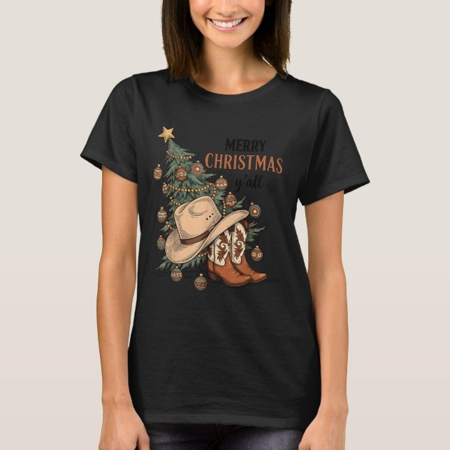 Merry Christmas Y'all Western Cowboy Boots Hat Xma T-Shirt (Front)