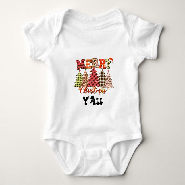 merry christmas y'all with plaid christmas trees T Baby Bodysuit (Front)