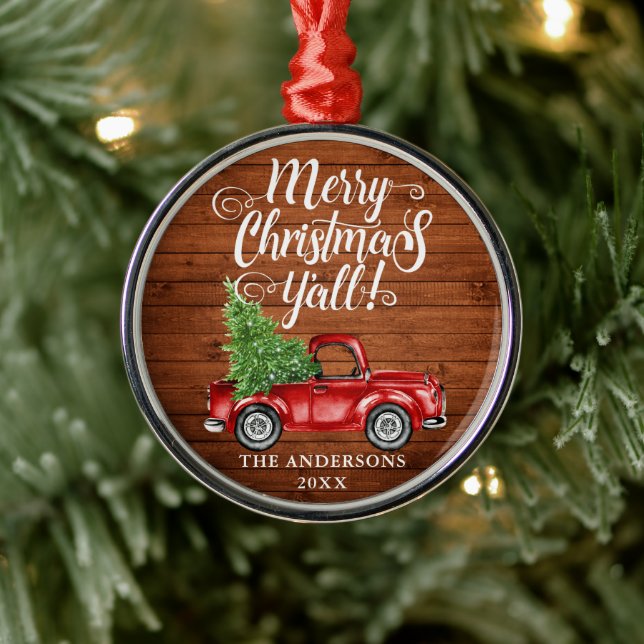 Merry Christmas Y'all Wood Red Truck Round Metal Ornament (Tree)