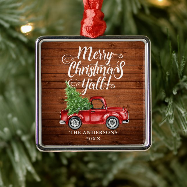 Merry Christmas Y'all Wood Red Truck Square Metal Ornament (Tree)