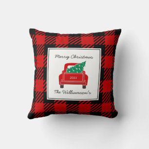 Merry Christmas Year Name Red Truck Tree Festive  Cushion