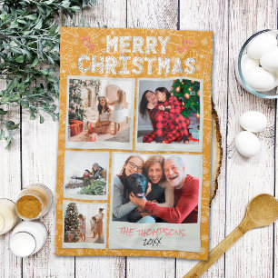 Merry Christmas Yellow Doodles 5 Photo Family Gift Tea Towel