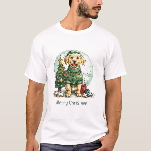 Merry Christmas Yellow Labrador Retriever Dog T-Shirt (Front)