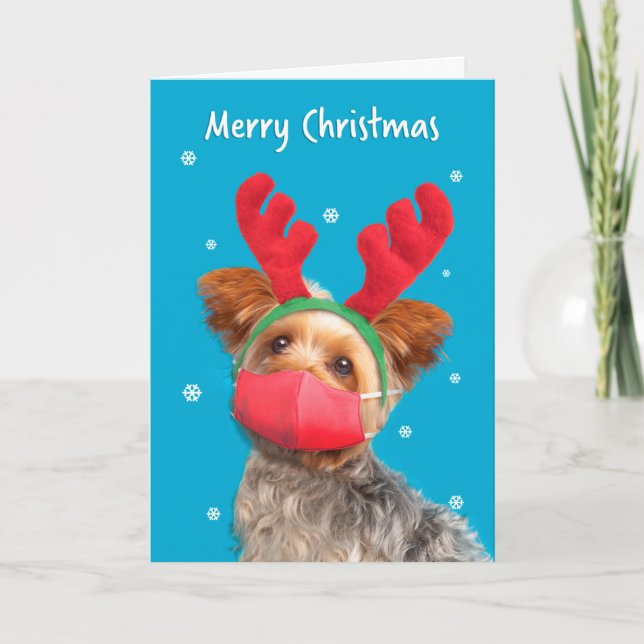 Merry Christmas Yorkie Dog in Face Mask Humor Holiday Card (Front)