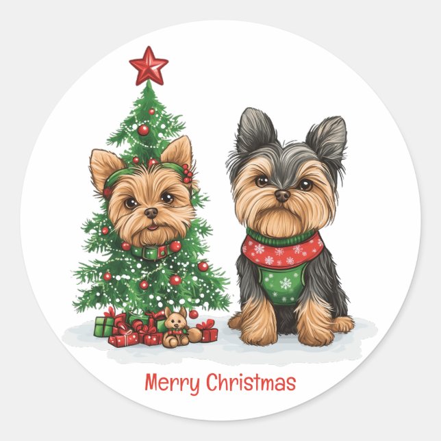 Merry Christmas Yorkie Dogs Classic Round Sticker (Front)