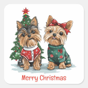 Merry Christmas Yorkie Dogs Square Sticker