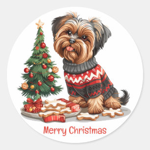 Merry Christmas Yorkshire Terrier Dogs Classic Round Sticker