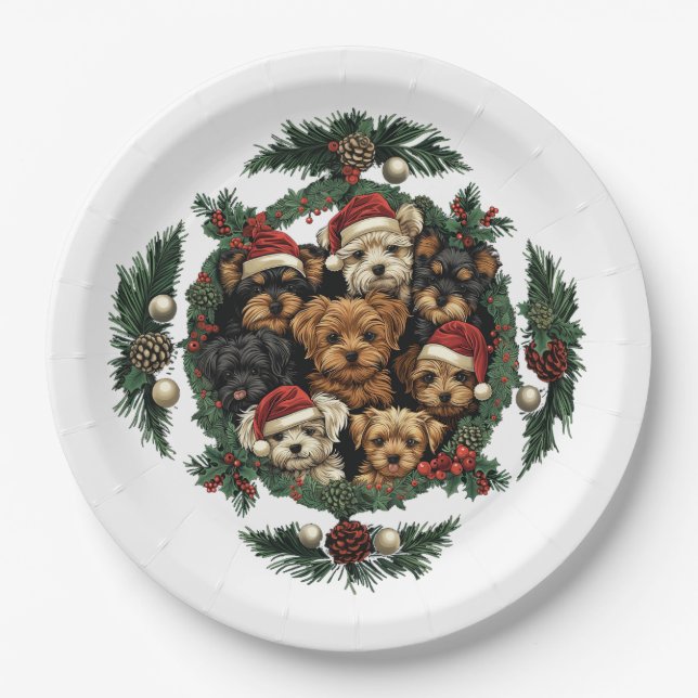 Merry Christmas Yorkshire Terrier Dogs Paper Plate (Front)