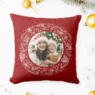 Merry Christmas Your Photo Gold wreath Red Cushion