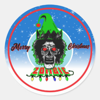 Merry Christmas Zombie Blue Circle Classic Round Sticker