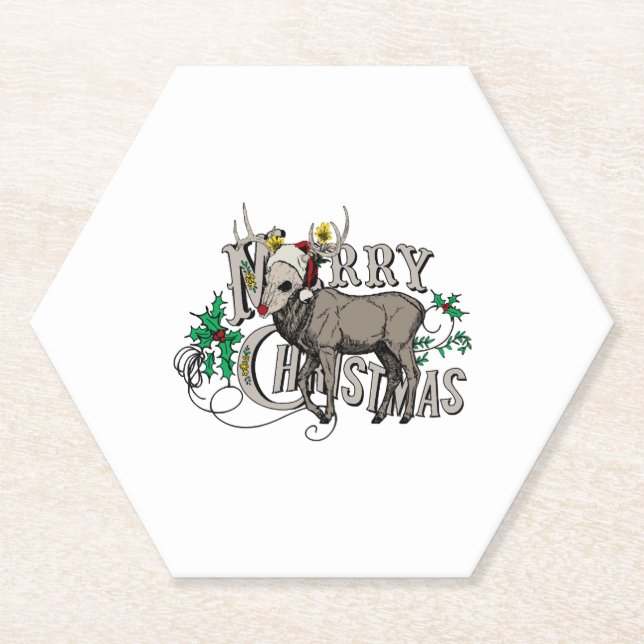 Merry Christmas Zombie Reindeer Skull Gift Paper Coaster (Front)