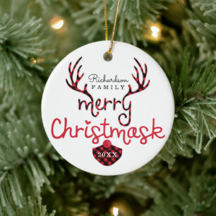 Merry Christmask Fun Red Plaid Reindeer Mask Covid Ceramic Ornament