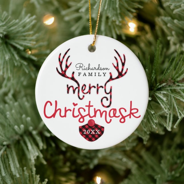Merry Christmask Fun Red Plaid Reindeer Mask Covid Ceramic Ornament (Tree)