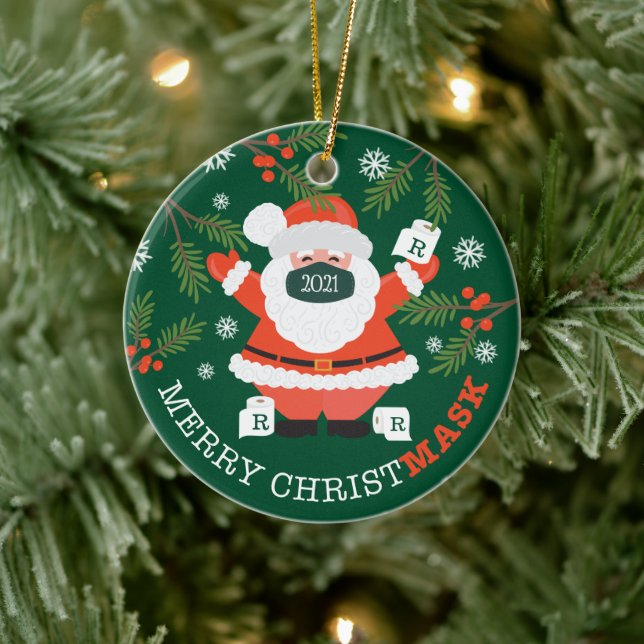 Merry Christmask Fun Santa Mask & Toilet Paper Ceramic Ornament (Tree)