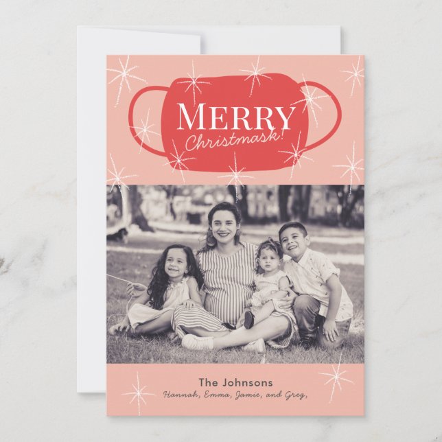Merry Christmask Retro Pink Christmas Photo Card (Front)