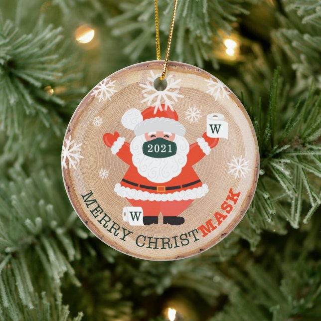 Merry Christmask Santa Mask & Toilet Paper Wood Ceramic Ornament (Tree)