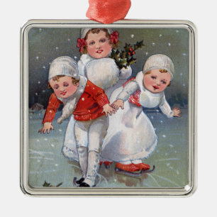 Merry ChristmasLittle Kids Ice Skating Metal Ornament